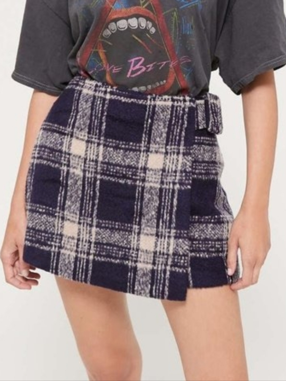Urban Outfitters Black & Cream Plaid Wrap-Style Mini Skirt